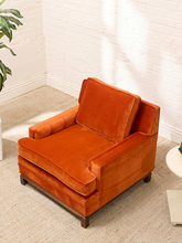 Load image into Gallery viewer, Vintage burnt orange velvet club chair with plush seat and back cushions, upholstered arms, piped edges, and short wood feet
