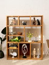 Load image into Gallery viewer, Vintage modernist oak open shelving bookcase with asymmetrical compartments and architectural room divider design
