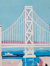 Load image into Gallery viewer, A stylized painting of the Bay Bridge over blue water, rendered in light blue, white, pink, and turquoise tones.
