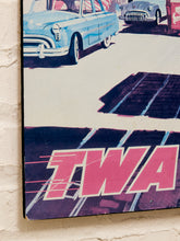 Load image into Gallery viewer, A vintage-style wall art print featuring retro cars and bold pink lettering, shown hanging against a white brick wall.
