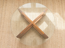 Load image into Gallery viewer, Crate &amp; Barrel chunky sculptural coffee table with round clear glass top and intersecting geometric wood base
