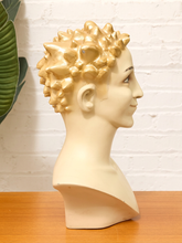Load image into Gallery viewer, A decorative classical-style bust sculpture of a woman's head and shoulders, shown in profile. The hair is painted metallic gold, while the base and shoulders are a warm cream/beige color.

