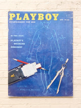 Load image into Gallery viewer, Vintage Playboy magazine with deep blue illustrated cover, minimalist line-drawn figure, scattered objects, and bold yellow Playboy lettering
