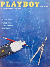 Load image into Gallery viewer, Vintage Playboy magazine cover from April, featuring a blue blueprint-style background with a line drawing of a human figure, large yellow 'PLAYBOY' title at the top, and drawing tools including a pencil, eraser, and compass in the foreground.
