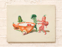 Load image into Gallery viewer, Vintage surrealist illustration of anthropomorphic carrots, broccoli, leafy vegetables, and a red root vegetable gathered around a large bowl

