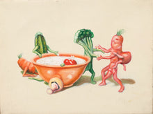 Load image into Gallery viewer, A whimsical painting of anthropomorphic vegetables around a bowl of soup on a cream background. A carrot-like figure holds a red tomato, broccoli stands, a cucumber sits, and a radish-like figure lies near the bowl.
