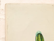Load image into Gallery viewer, Close-up of a canvas painting showing a textured off-white background with a small painted green and yellow cactus detail in the bottom right corner.
