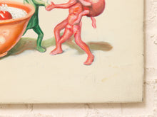 Load image into Gallery viewer, A close-up of a canvas painting showing a stylized pink humanoid figure carrying a red spherical form, with part of an orange bowl and green legs visible on a cream background, mounted against a white textured wall.
