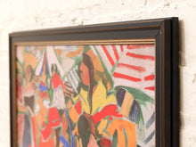 Load image into Gallery viewer, A framed abstract painting featuring bold brushstrokes of red, yellow, green, and orange on a white brick wall background.
