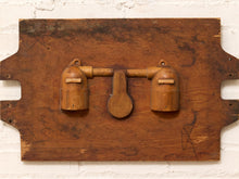 Load image into Gallery viewer, Antique wooden foundry mold with raised wood pattern pieces, aged brown patina, workshop markings, and worn rectangular backing board
