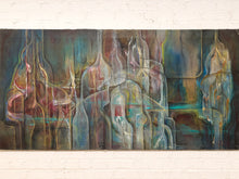 Load image into Gallery viewer, An abstract canvas painting featuring a collection of dripping, translucent glass bottle-like forms in a mix of teal, blue, gold, and brown tones, displayed on a white brick wall.
