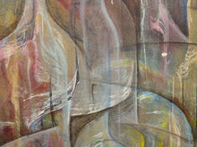 Load image into Gallery viewer, Abstract pastel artwork featuring flowing, organic shapes in muted tones of beige, brown, gray, pink, blue, and yellow, with layered brushstrokes and translucent textures.

