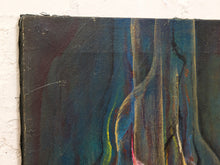 Load image into Gallery viewer, A close-up of an abstract painting on canvas, showing textured dark blue, teal, black, and brown brushstrokes with vertical flowing forms, mounted against a white textured wall.
