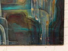 Load image into Gallery viewer, An abstract painting on canvas featuring dark teal, blue, green, and brown tones with textured brushstrokes, mounted on a white brick wall.
