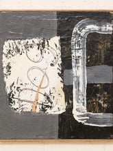 Load image into Gallery viewer, An abstract mixed-media painting on a square canvas, featuring textured blocks of charcoal gray, black, off-white, and white gestural brushstrokes, mounted on a light beige plaster wall.
