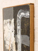 Load image into Gallery viewer, An abstract mixed-media painting in a square wooden frame, featuring thick black, gray, and white textured brushstrokes, hanging on a white brick wall.
