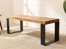 Load image into Gallery viewer, Rustic distressed as-found wood bench with thick weathered plank seat, visible natural wear and cracks, and rectangular black metal base
