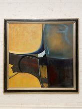 Load image into Gallery viewer, Framed abstract painting with large geometric and curved forms in black, charcoal, warm ochre, and earthy brown
