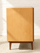 Load image into Gallery viewer, A mid-century modern wooden cabinet with a light natural wood front, dark brown side panels and legs, and tapered legs, set against a white brick wall and light beige rug.
