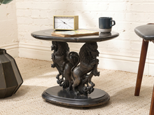 Load image into Gallery viewer, Rare MonteVerdi Young Centennial Lion Table with dark oval top and elaborate sculptural base featuring dimensional lion figures
