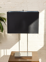 Load image into Gallery viewer, Vintage table lamp with large black rectangular shade, polished chrome double-stem supports, and square mirrored base
