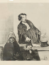 Load image into Gallery viewer, Vintage framed Honoré Daumier courtroom print depicting a gesturing lawyer and seated figures in a monochrome composition with dark wood and gilt frame
