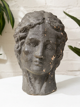 Load image into Gallery viewer, Vintage classical female head sculpture with intricately styled hair, dark textured finish, and weathered aged surface
