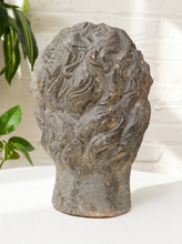Load image into Gallery viewer, Vintage classical female head sculpture with intricately styled hair, dark textured finish, and weathered aged surface
