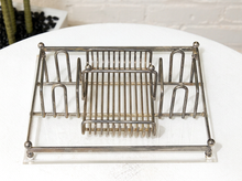 Load image into Gallery viewer, Vintage metal silverware caddy with open wire construction, multiple divided utensil compartments, looped details, and round finials

