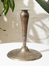 Load image into Gallery viewer, Vintage silver-tone candlestick holder with slender tapered stem, flared candle cup, broad round base, and aged patina
