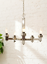 Load image into Gallery viewer, Vintage chrome-tone five-arm Sputnik chandelier with geometric rectangular arms, exposed candle-style bulbs, central column, chain, and ceiling canopy
