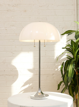 Load image into Gallery viewer, Vintage white sculptural dome table lamp with segmented glossy shade, chrome stem, and round polished metal base.
