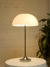 Load image into Gallery viewer, Vintage white sculptural dome table lamp with segmented glossy shade, chrome stem, and round polished metal base.
