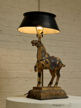 Load image into Gallery viewer, Vintage equestrian table lamp with sculptural horse figure, aged textured base, brass-tone stem, and large black flared shade
