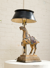 Load image into Gallery viewer, Vintage equestrian table lamp with sculptural horse figure, aged textured base, brass-tone stem, and large black flared shade
