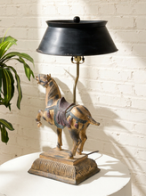 Load image into Gallery viewer, Vintage equestrian table lamp with sculptural horse figure, aged textured base, brass-tone stem, and large black flared shade
