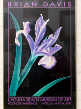 Load image into Gallery viewer, Brian Davis 1981 Laguna Beach Museum of Art exhibition poster featuring a purple iris with teal-green leaves against a black background
