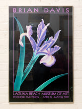 Load image into Gallery viewer, Brian Davis 1981 Laguna Beach Museum of Art exhibition poster featuring a purple iris with teal-green leaves against a black background
