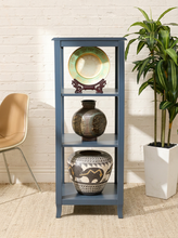 Load image into Gallery viewer, Vintage navy blue wooden display shelf featuring four open storage levels, a compact vertical silhouette, and a classic painted finish.
