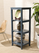Load image into Gallery viewer, Vintage navy blue wooden display shelf featuring four open storage levels, a compact vertical silhouette, and a classic painted finish.
