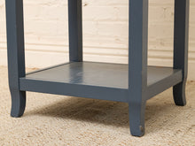 Load image into Gallery viewer, Vintage navy blue wooden display shelf featuring four open storage levels, a compact vertical silhouette, and a classic painted finish.
