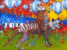 Load image into Gallery viewer, A colorful painted scene showing a dog with its spine exposed, an owl perched on its back, several penguins on the left, and hot air balloons in the background. The artwork uses bold brushstrokes in red, blue, yellow, green, white, and brown.
