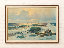 Load image into Gallery viewer, Framed seascape painting with blue-green breaking waves, white surf, dark coastal rocks, and a softly clouded sky

