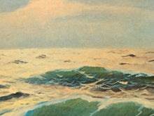 Load image into Gallery viewer, Framed seascape painting with blue-green breaking waves, white surf, dark coastal rocks, and a softly clouded sky
