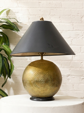 Load image into Gallery viewer, Vintage black sculptural table lamp with oversized tapered shade and metallic swirl-patterned decorative base.

