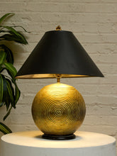 Load image into Gallery viewer, Vintage black sculptural table lamp with oversized tapered shade and metallic swirl-patterned decorative base.

