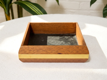Load image into Gallery viewer, Vintage rectangular wood valet tray with dark inset base and brass band detail around the exterior
