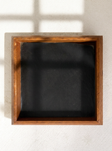 Load image into Gallery viewer, Vintage rectangular wood valet tray with dark inset base and brass band detail around the exterior
