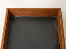 Load image into Gallery viewer, Vintage rectangular wood valet tray with dark inset base and brass band detail around the exterior

