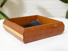 Load image into Gallery viewer, Vintage rectangular wood valet tray with dark inset base and brass band detail around the exterior
